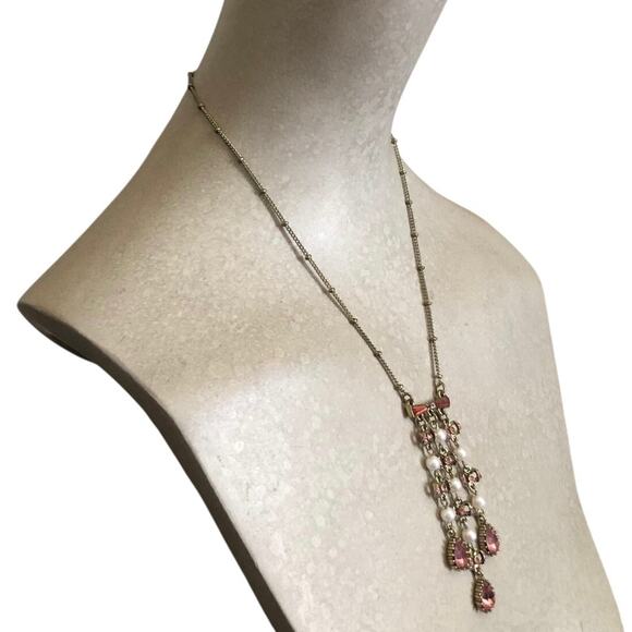 Betsey Johnson Pink Crystal Drop Necklace Faux Pearl Dangle with Extender Chain - Picture 3 of 11